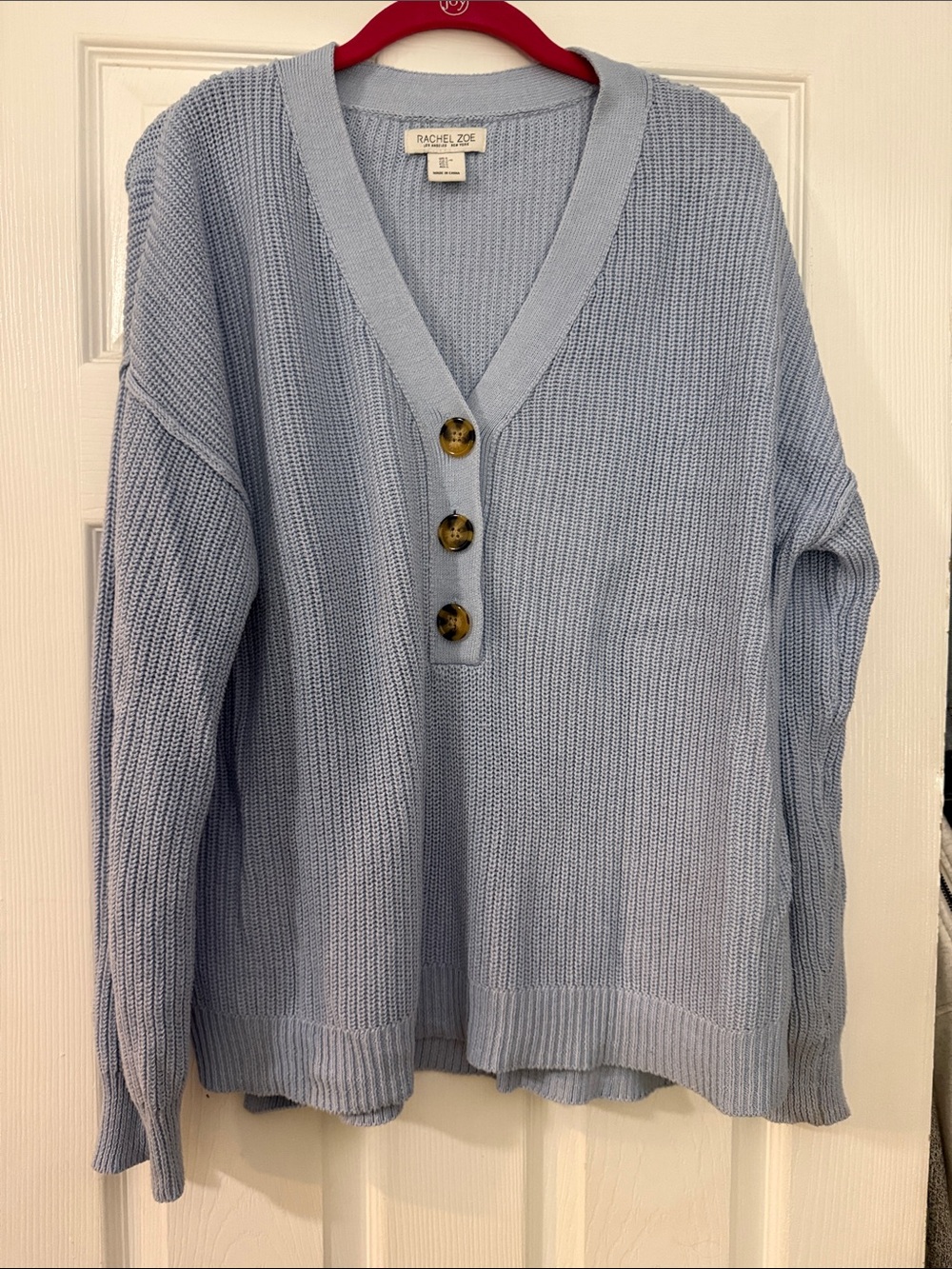 Rachel Zoe Pale Blue V-Neck Button Knit Sweater